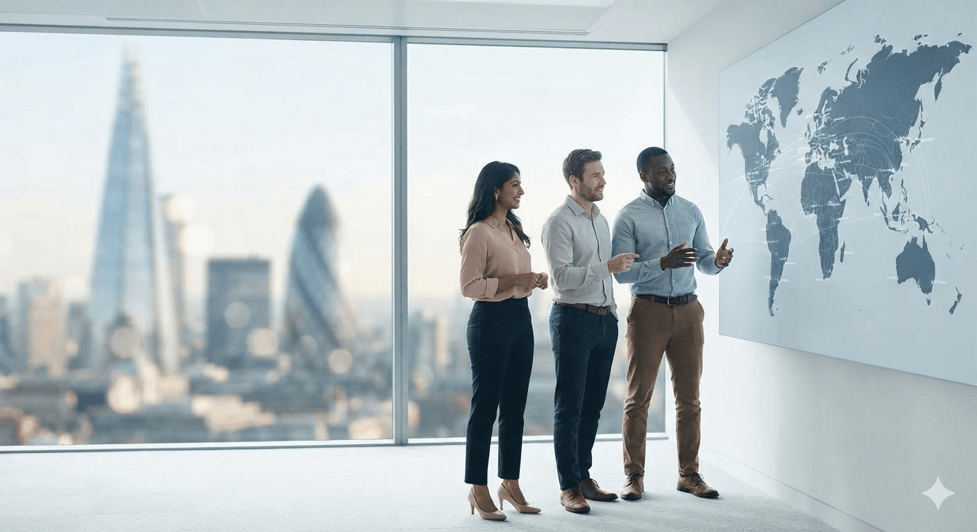 Consultants in an office with a world map on the wall, illustrating global reach.